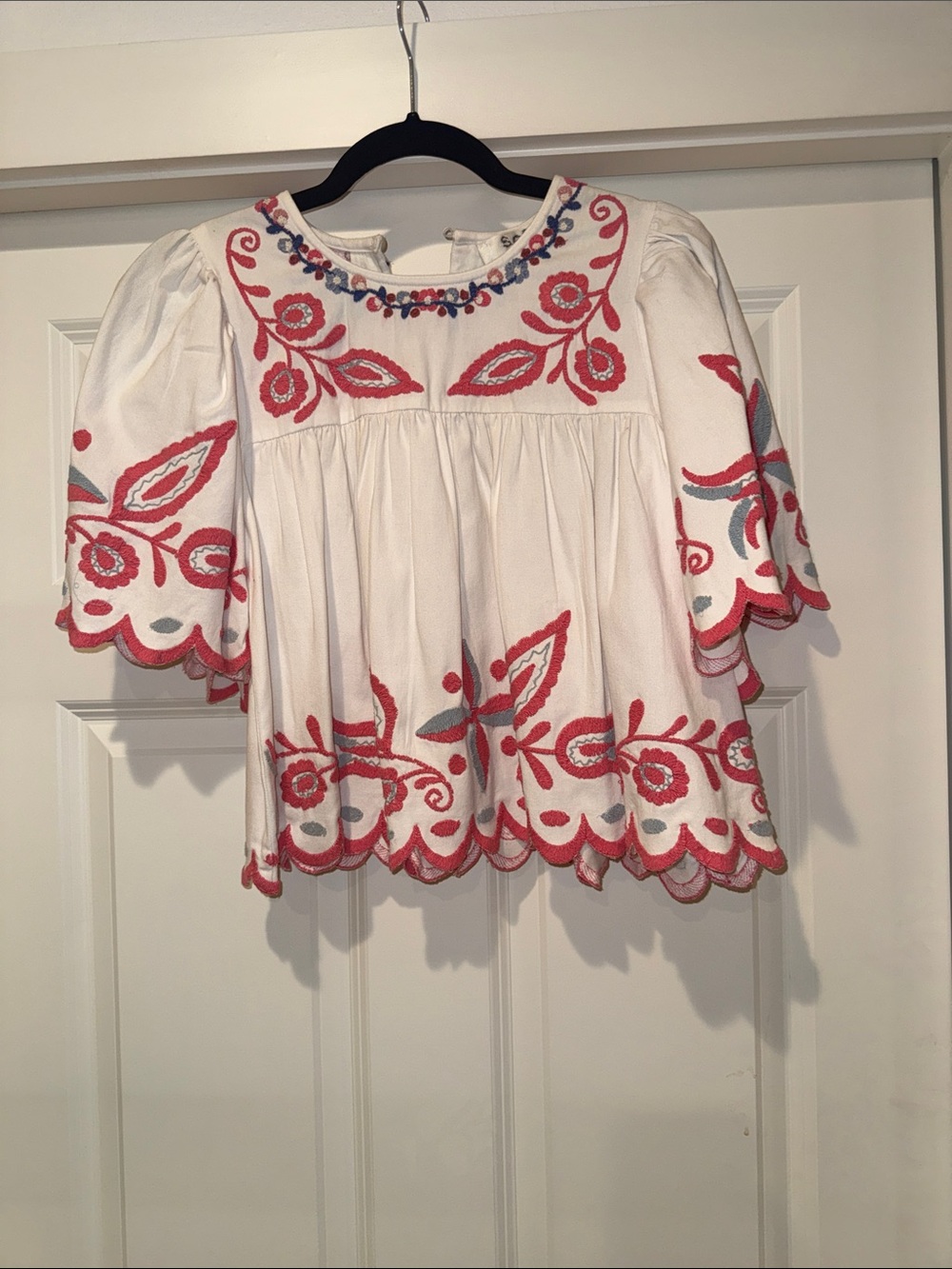 Sea New York White Peasant Blouse with Coral and Light Blue Embroidery